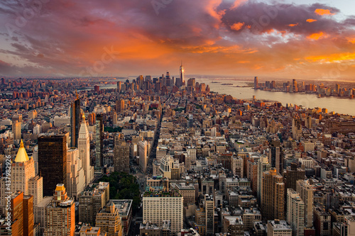 Manhattan panorama at sunset aerial view, New York, United States USA