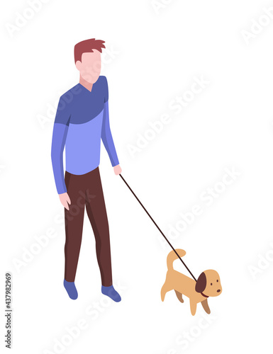 People in park isometric. Man walking with dog. Active living recreation activities. Spending free time usefully. Vector character isolated on white