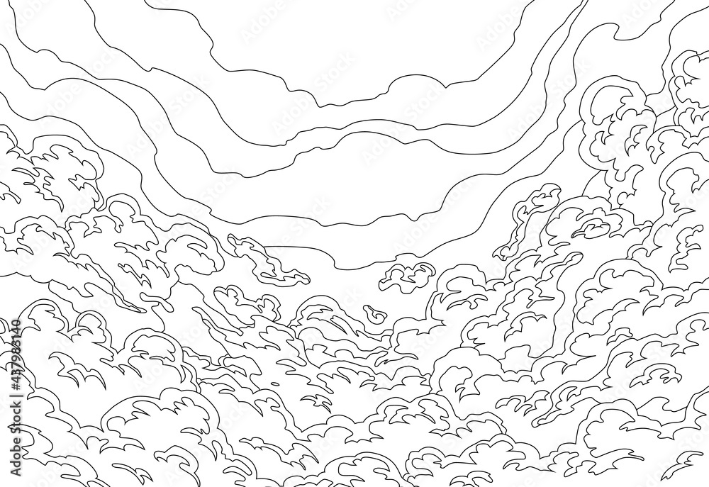 Sketch of sky clouds. Morning landscape with clouds, coloring of heaven skies background. Vector evening backdrop Sketch of sky clouds. Morning landscape with clouds, coloring of heaven skies background. Vector evening backdrop