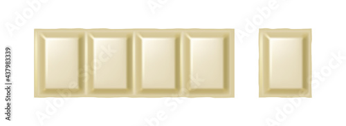 White chocolate bar and piece isolated on white background. Realistic chunks of creamy chocolate