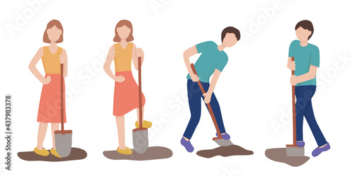 A set of characters with a shovel. Man digging the ground, agricultural and farm work in the vegetable garden. Gardening season, working the land for the harvest. Vector flat illustration