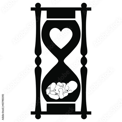 Hourglass with newborn baby and heart symbol inside. Creative concept. Black and white silhouette.