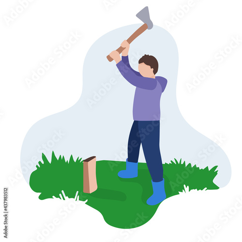 A young man chopping firewood. Making firewood for the winter. Help with household chores. vector flat illustration