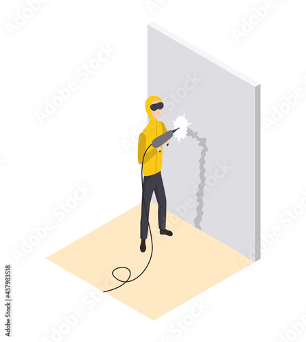 Isometric worker. Home repair isometric form with craftsman who makes a strobe for wiring. Professional people with equipment engaged in their professional activities
