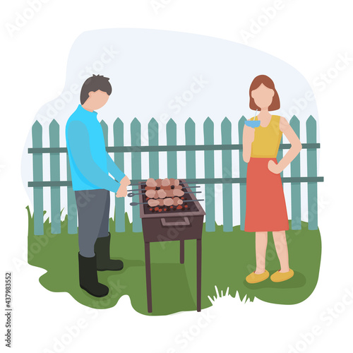 A couple on vacation. Man cooks shish kebab, grills meat. The girl is drinking a cocktail. On the green lawn, against a wooden fence. Summer entertainment. Vector illustration