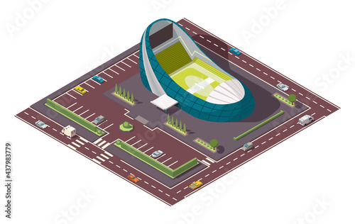 Isometric sport arena. Place for biggest sport competitions. Vector icon or infographic element representing football basketball or hockey stadium with cars and buses on the street