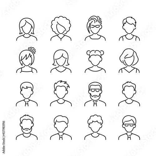 Avatars related icons: thin vector icon set, black and white kit