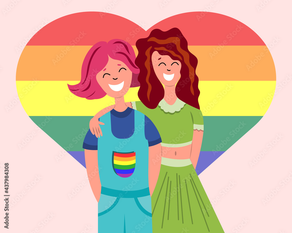 Young smiling lesbian women with rainbow flag behind. LGBT pride month. Non-traditional same sex relationships. Cartoon flat vector illustration. Young smiling lesbian women with rainbow flag behind. LGBT pride month. Non-traditional same sex relationships. Cartoon flat vector illustration.
