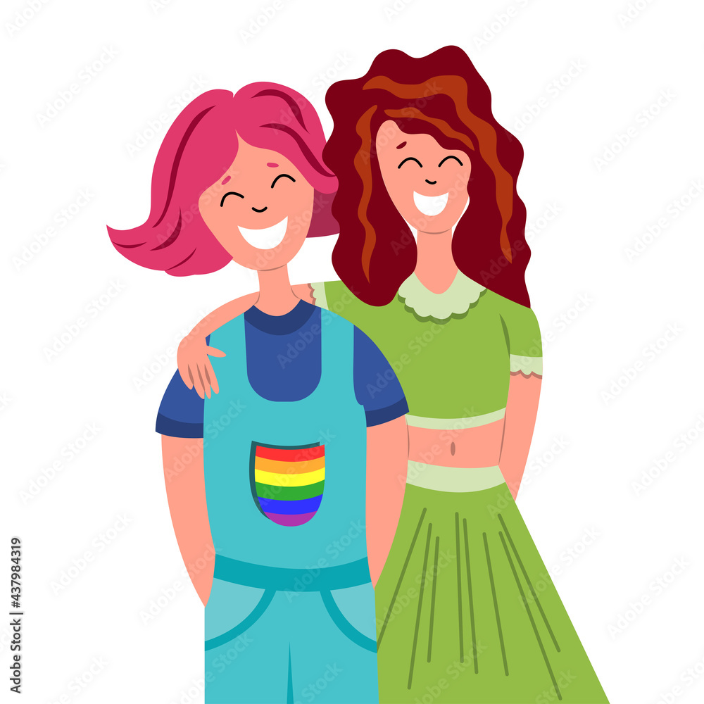 Young smiling lesbian women. Happy pride month. Non-traditional same sex relationships, happy LGBT couple. Cartoon flat vector illustration on white background.