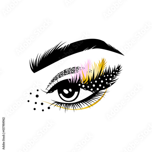 Female eye with long lashes and art make-up. Eyelash extension logo, graphic element. Vector illustration. 
