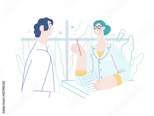 Doctor and patients - medical insurance illustration. Modern flat vector