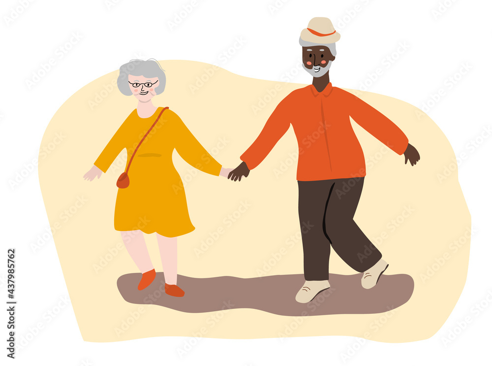 Vector illustration of dancing old people. Active happy grandparents for prints, banners, web, posters, etc