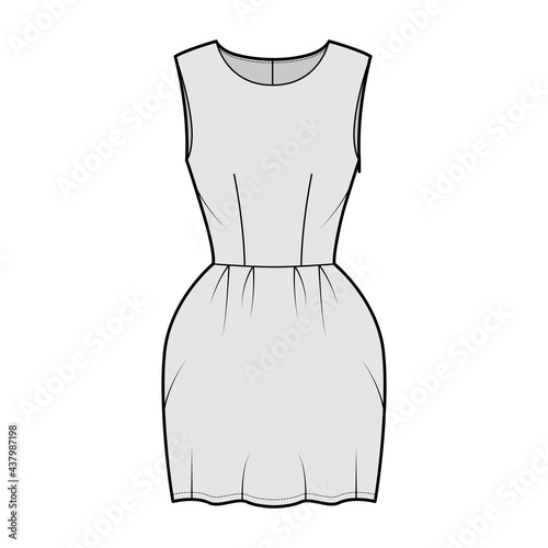 Dress bell technical fashion illustration with sleeveless, fitted body, mini length pencil skirt. Flat apparel front, grey color style. Women, men unisex CAD mockup