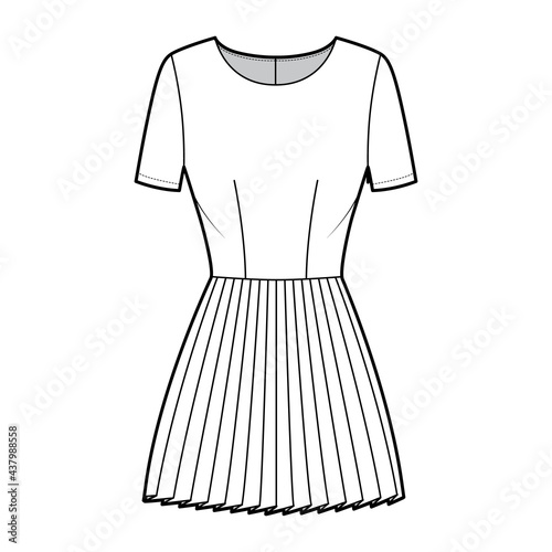Dress pleated technical fashion illustration with short sleeves, fitted body, mini length skirt. Flat apparel front, white color style. Women, men unisex CAD mockup
