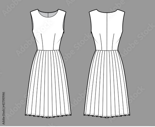 Dress pleated technical fashion illustration with sleeveless, fitted body, knee length skirt. Flat apparel front, back, white color style. Women, men unisex CAD mockup