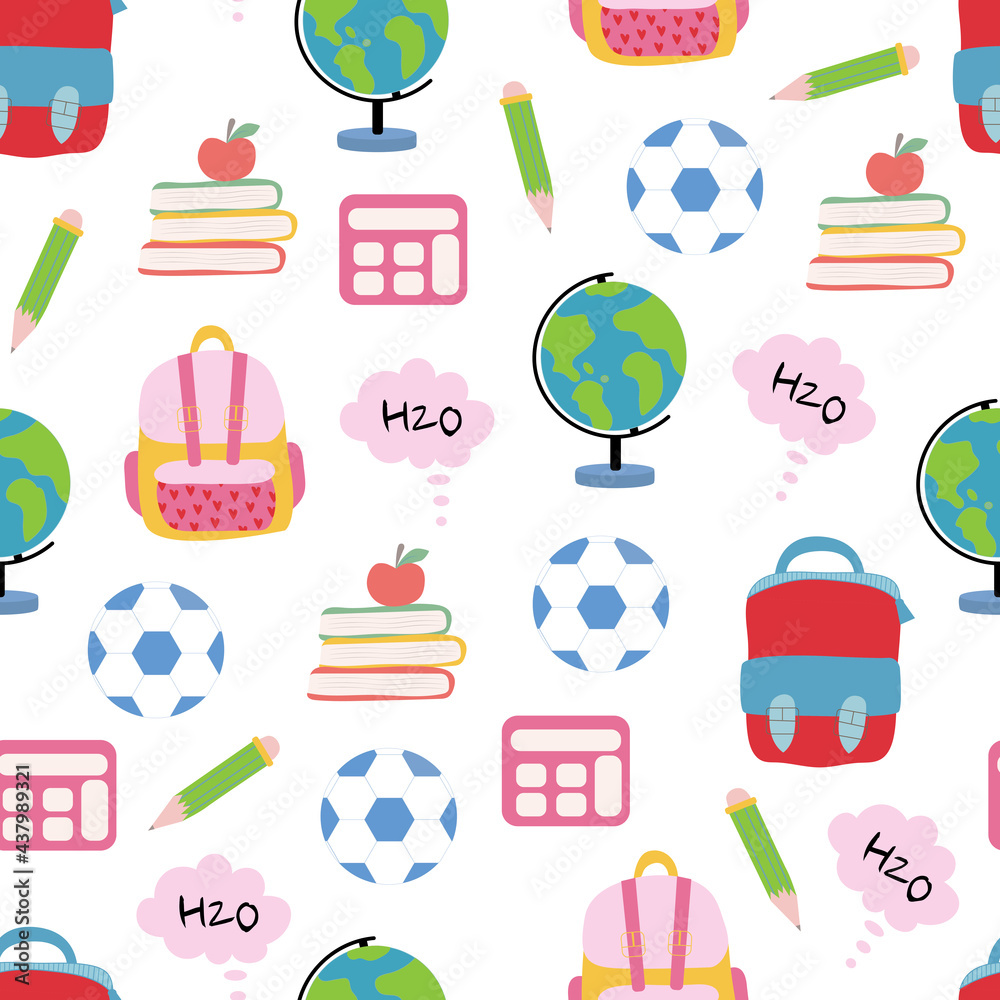 Seamless colored back to school pattern with supplies elements.  Education theme background in modern flat style.
