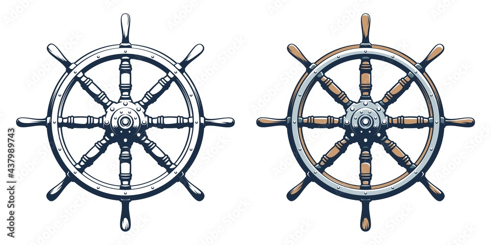 Ship rudder vintage style. Ship wheel marine vector illustration. - obrazy, fototapety, plakaty 