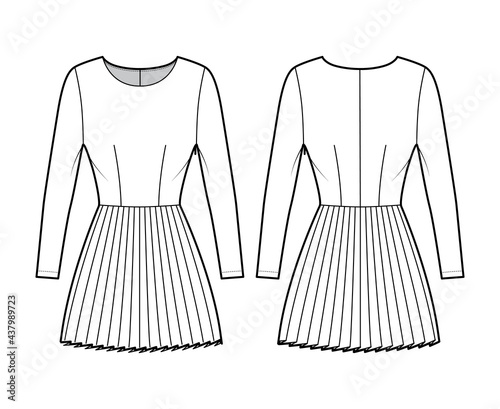 Dress pleated technical fashion illustration with long sleeves, fitted body, mini length skirt. Flat apparel front, back, white color style. Women, men unisex CAD mockup