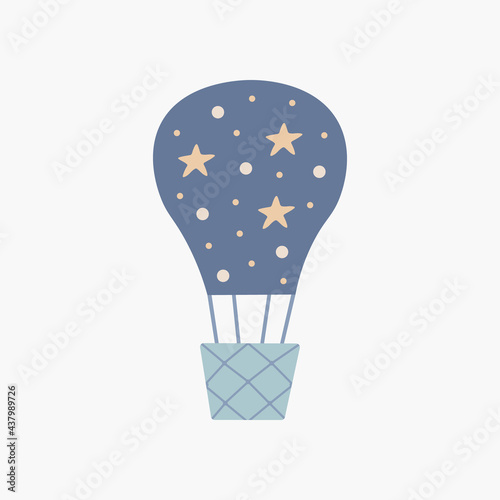 Scandinavian boho cute cartoon dark blue aerostat with stars. Hand drawn vector element for nursery decoration, baby shower, children's party, poster, invitation, postcard, kids clothes
