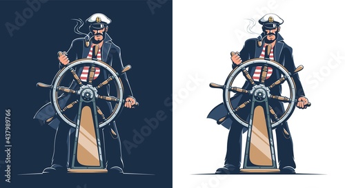 Captain of the ship. Sailor in captain uniform at the helm of the ship. Vector illustration. photo