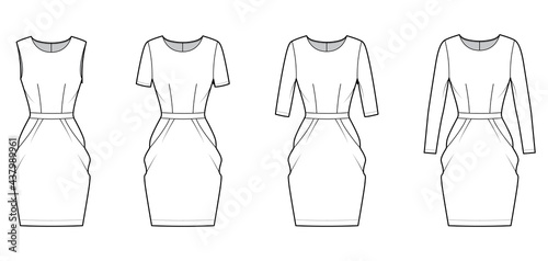 Set of Dresses tulip technical fashion illustration with long elbow short sleeve, fitted body, knee length peg-top pencil skirt. Flat apparel front, white color style. Women, men unisex CAD mockup