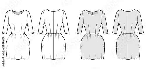 Dress bell technical fashion illustration with elbow sleeves, fitted body, mini length pencil skirt. Flat apparel front, back, white, grey color style. Women, men unisex CAD mockup