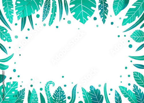 Summer cartoon backgrounds with frames or borders made of green tropical palm leaves or jungle exotic foliage and place for text. Seasonal colorful realistic illustration