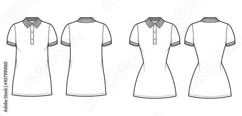 Set of Dresses polo fashion illustration with short sleeves, oversized fitted body, mini length pencil skirt, henley neckline. Flat apparel front, back, white color style. Women, men unisex CAD mockup