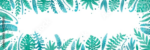 Summer cartoon backgrounds with frames or borders made of green tropical palm leaves or jungle exotic foliage and place for text. Seasonal colorful realistic illustration