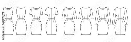 Set of Dresses tulip technical fashion illustration with long elbow short sleeve sleeveless, knee length peg-top pencil skirt. Flat apparel front, back, white color style. Women, men unisex CAD mockup