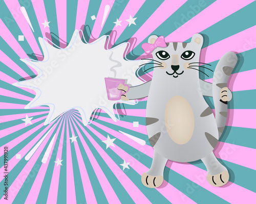 Cute cat tigress with a cup of coffee or tea. Pop art portrait of a playful cat. Funny character with a speech bubble on a background of bright rays. Vector illustration, poster, banner in retro style