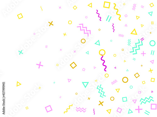 Memphis style geometric confetti background with triangle, circle, square, zigzag and wavy line