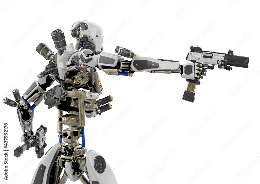 super robot is holding two pistols rear view super robot is holding two pistols rear view