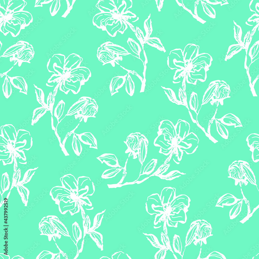 seamless contour floral vector pattern with twigs and leaves on contrasting lilac background seamless contour floral vector pattern with twigs and leaves on contrasting lilac background