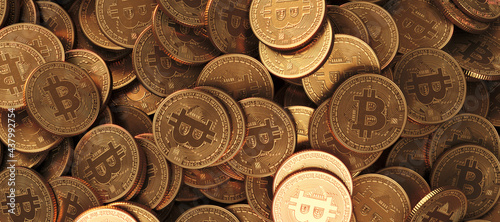 Bitcoin Crypto currency coins background. BTC Gold bitcoin Bit Coins bitcoins. Bitcoins mining concept, Blockchain money technology. 3d illustration. photo