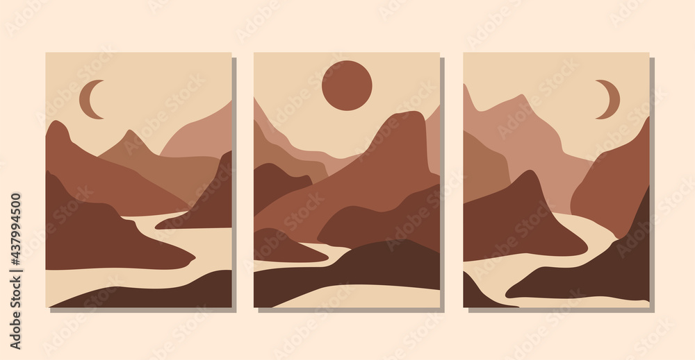 Set of abstract landscape posters. Aesthetic background landscape with mountains. Arth tones, burnt orange, terracotta colors, pastel. Modern minimalist art print. Boho wall decor. Set of abstract landscape posters. Aesthetic background landscape with mountains. Arth tones, burnt orange, terracotta colors, pastel. Modern minimalist art print. Boho wall decor.