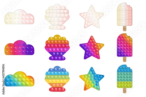 Set of Antistress toys fidget sensory pop it Ice Cream, star, sea shell, cloud.  Multicolored shiny toys. Rainbow colors, pearl colors.