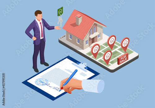 Isometric signed real estate purchase or lease agreement. Buyer. Mortgage online, new home buying online. Buying, selling or renting real estate