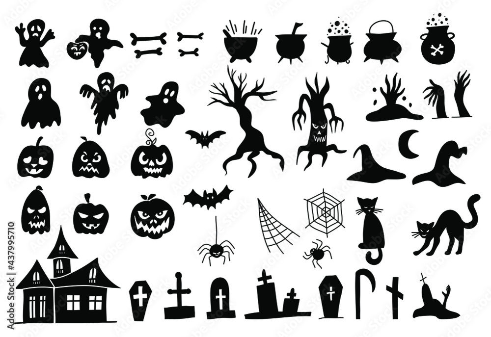 Set of silhouettes of Halloween doodle style vector on a white background. Black spooky elements for your design. Hand drawn