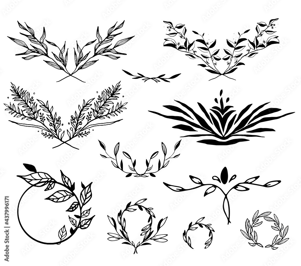 Fototapeta premium Sketch vector vintage elements wreath, leaves, frame. Ideal for invitations, greeting cards, quotes, blogs, wedding frames, posters. Objects isolated from the background. Vector graphics 