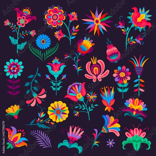 Obraz na plátně Cartoon mexican flowers, buds and blossoms, vector plants with colorful petals a