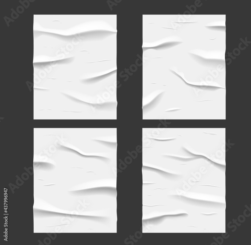 White glued wet paper posters, wrinkled and crumpled texture. Vector creased sheets with corrugation isolated on black background, blank rectangular mockup for ads design. Realistic 3d set