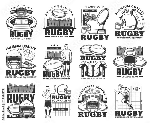 Rugby tournament, American football league championship, vector emblems and icons. Rugby football club badge and varsity and college team cup, sport equipment balls, helmets and player outfit