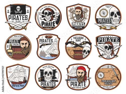 Pirate and corsair icons with vector skulls, captains, ships, treasure map and chest. Pirate black flags, eye patches, guns and swords, sail boat, helm, compass, rum and spyglass isolated badges