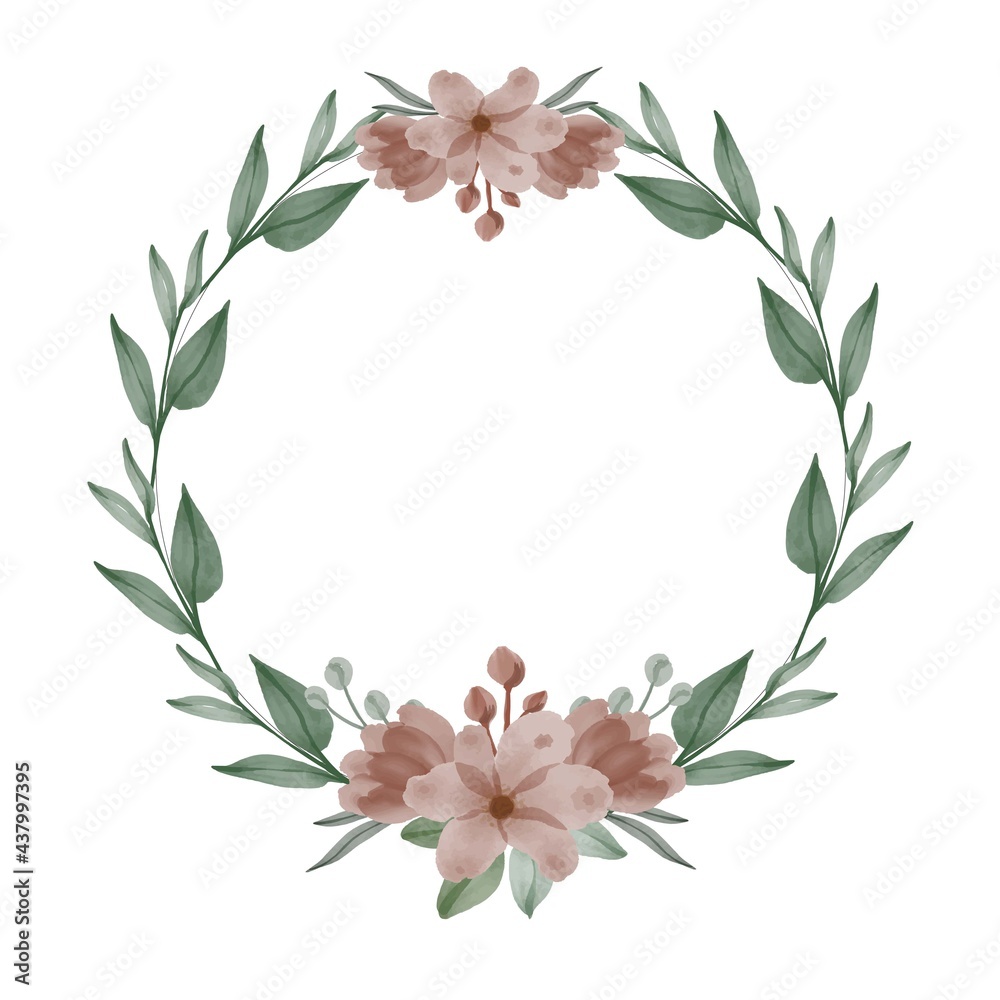 Brown wreath. Arrangement watercolor of brown flowers and green leaf for greeting and wedding invitation