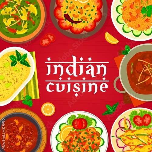 Indian cuisine menu cover vector template. Deep fried peppers Chilli Bajji, lamb curry and meatballs Gushtaba, yogurt dessert Shrikhand, mushroom bhuna and lemon rice, chicken with spinach Palak Murgh