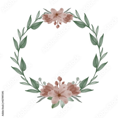 Brown wreath. Arrangement watercolor of brown flowers and green leaf for greeting and wedding invitation