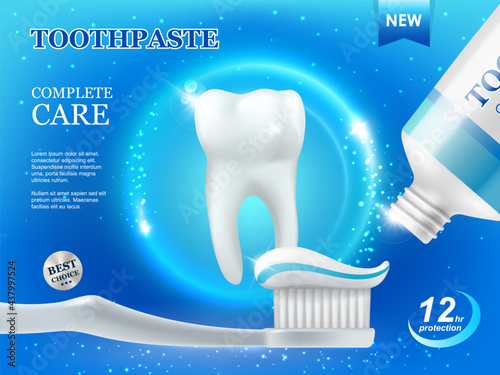 Whitening toothpaste and brush, dental care, teeth cleaning vector ad poster with white healthy tooth and tube with paste on blue background with glow sparkles. Plaque protection and repair product
