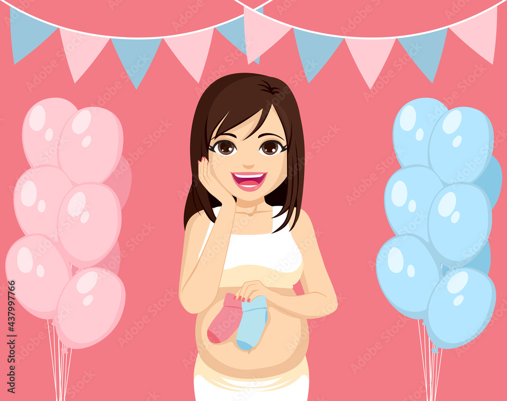 Beautiful young mother with pink and blue socks on baby shower gender reveal party Beautiful young mother with pink and blue socks on baby shower gender reveal party