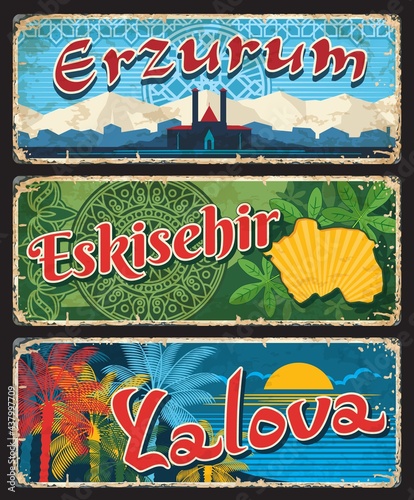 Erzurum, Eskisehir and Yalova Turkish il, provinces plates, vintage vector banners of touristic Turkey landmarks. Retro grunge boards, aged travel destination signs, postcards, signboards plaques set
